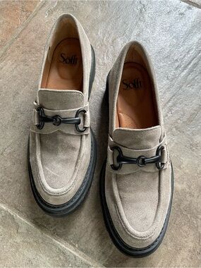 Sofft Taupe Suede Loafers with Black Bit Hardware